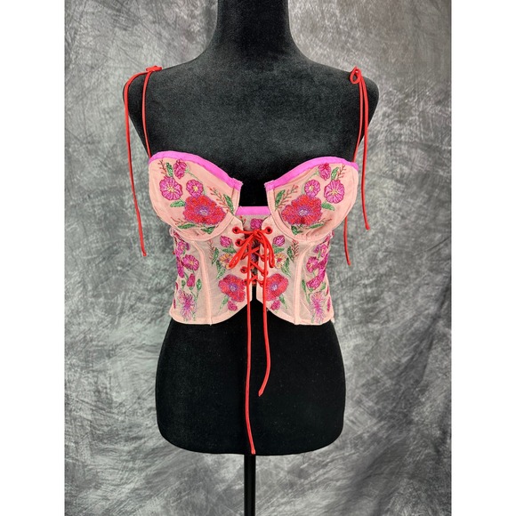 For Love & Lemons Tops - For Love & Lemons Kaylee Crop Bustier Corset Women Small Pink Floral Embroidered
